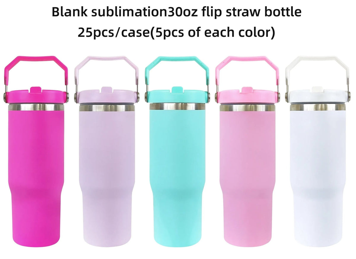 Case of 25Pack 30oz Sublimation Matte Stainless Steel Insulated Sports Water  Bottle Macaron Flip Straw with Handheld – Tumblerbulk