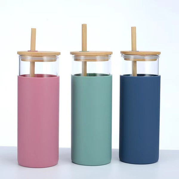 Case of 25pk 16oz Glass Water Bottle Silicone Protective Sleeve Bamboo Lid And Straw - Tumblerbulk