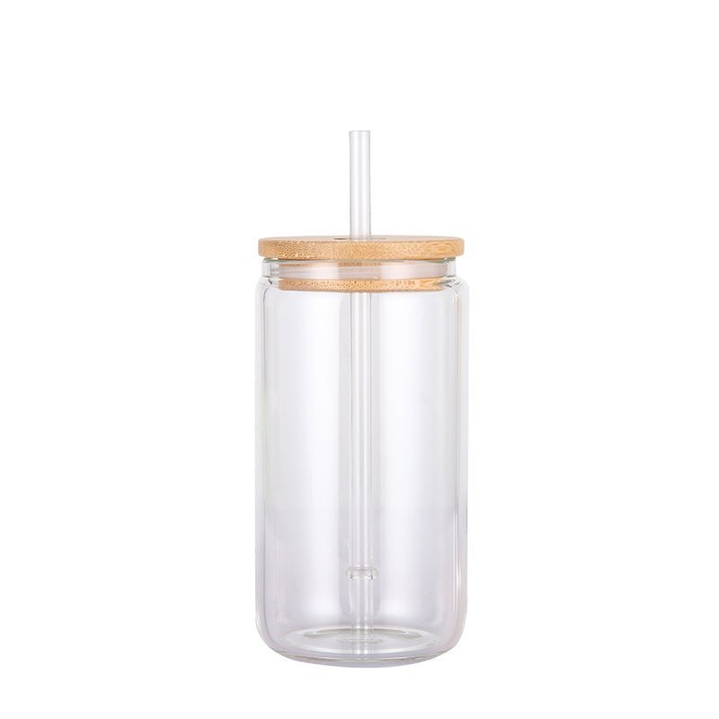 Case of 16/32/50pcs 16oz Glass Tumbler With Straw Beer Can Shaped Glasses  with Bamboo Lids and Straw