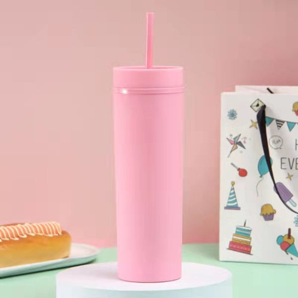 Case of 25/30 Pack SKINNY TUMBLERS Matte Pastel Colored Acrylic Tumblers with Lids and Straws | Skinny, 16oz Double Wall Plastic Tumblers With FREE Straw Cleaner! Cup With Straw | - Tumblerbulk
