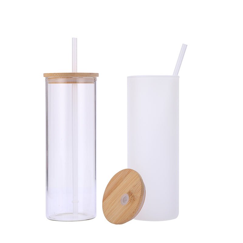 25oz CASE (25 UNITS) Sublimation Glass Tumbler Cups Beer Can W/Bamboo Lids  transparent/frosted