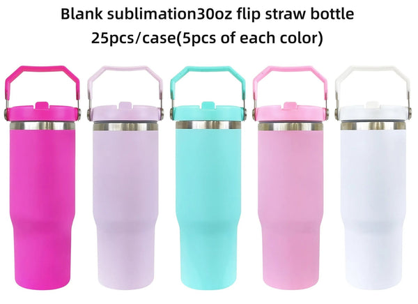 25Pack Case 30oz Matte Stainless Steel Insulated Sports Water Bottle Macaron Flip Straw with Handheld - Tumblerbulk