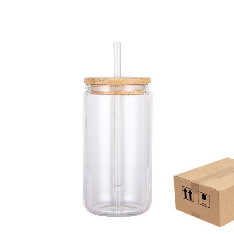 16oz Can Shaped Drinking Glasses with Bamboo Lids and Glass Straw
