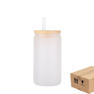 Can Shaped Glass with Reusable Bamboo Lid & Stainless Steel Drinking Straw  - 16 oz