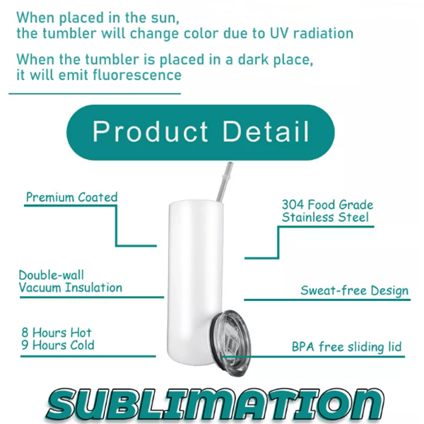 Case of 24pk 20oz Blanks Straight Sublimation Tumblers UV Glowing Color Changing Slim Insulated Tumbler - Tumblerbulk